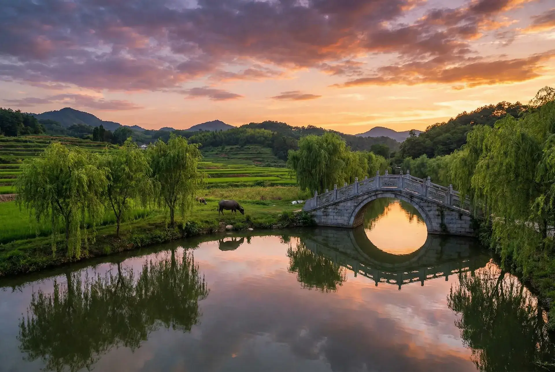 夕阳下的石拱桥与垂柳，水牛在河边吃草 - 3d肉蒲团bt种子 乡村美景